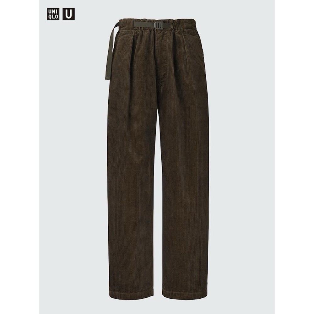 Uniqlo Pleated Wide Leg Corduroy Pants Mens L Elastic Waist Chocolate Brown Belt